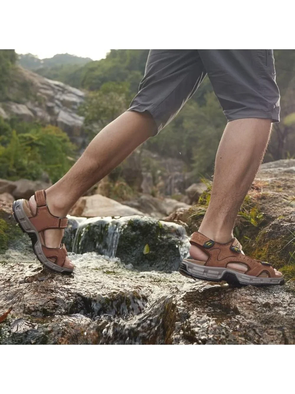 Men\'s Brown Athletic Outdoor Leather Solid Waterproof Rubber Hiking Sandal Shoes Mens Outdoor Leather Hiking Sandals Adjustable on Luulla main image 3